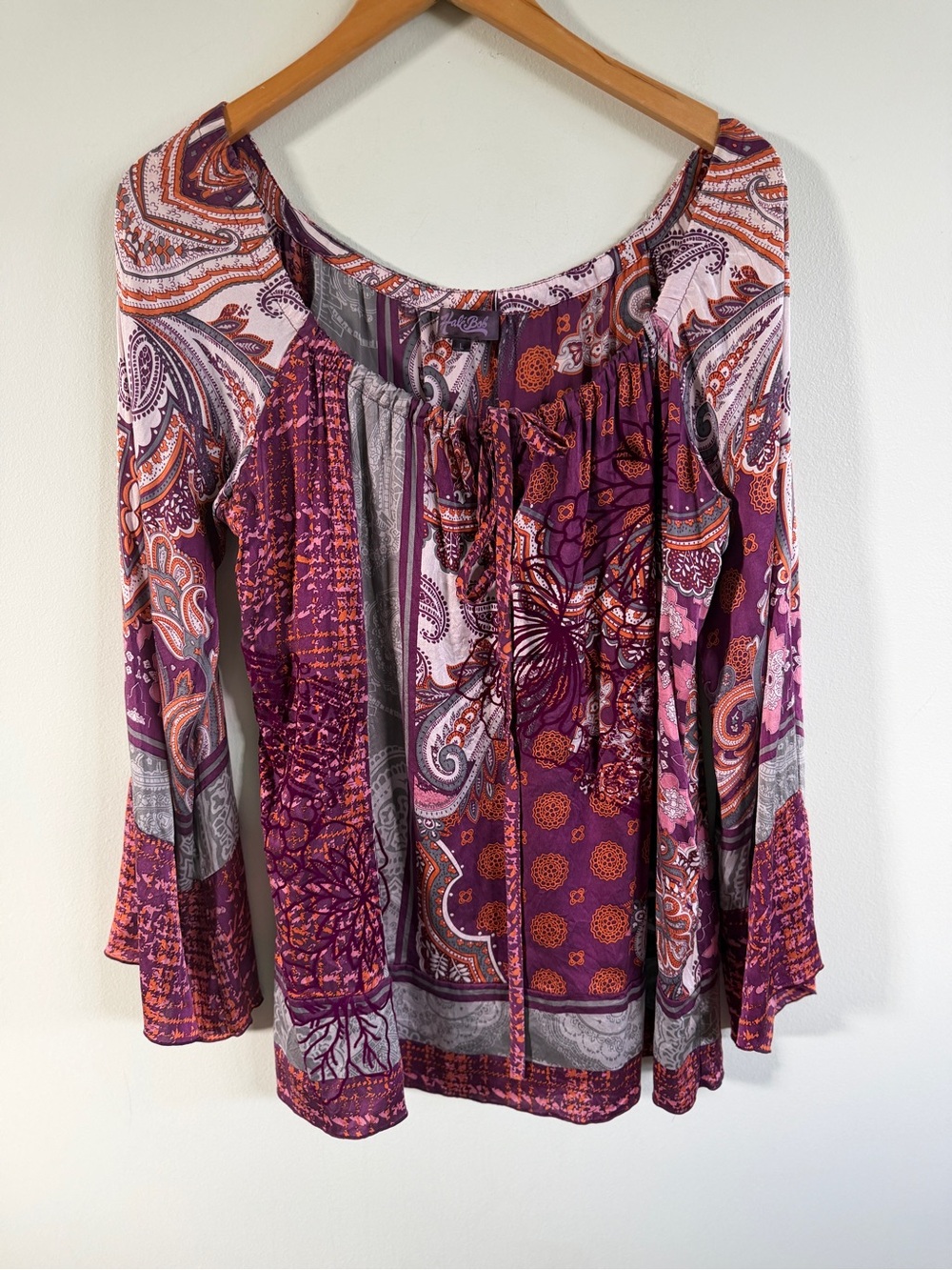 Hale Bob Purple Multi Paisley Tie-Front Tunic  silk womens large